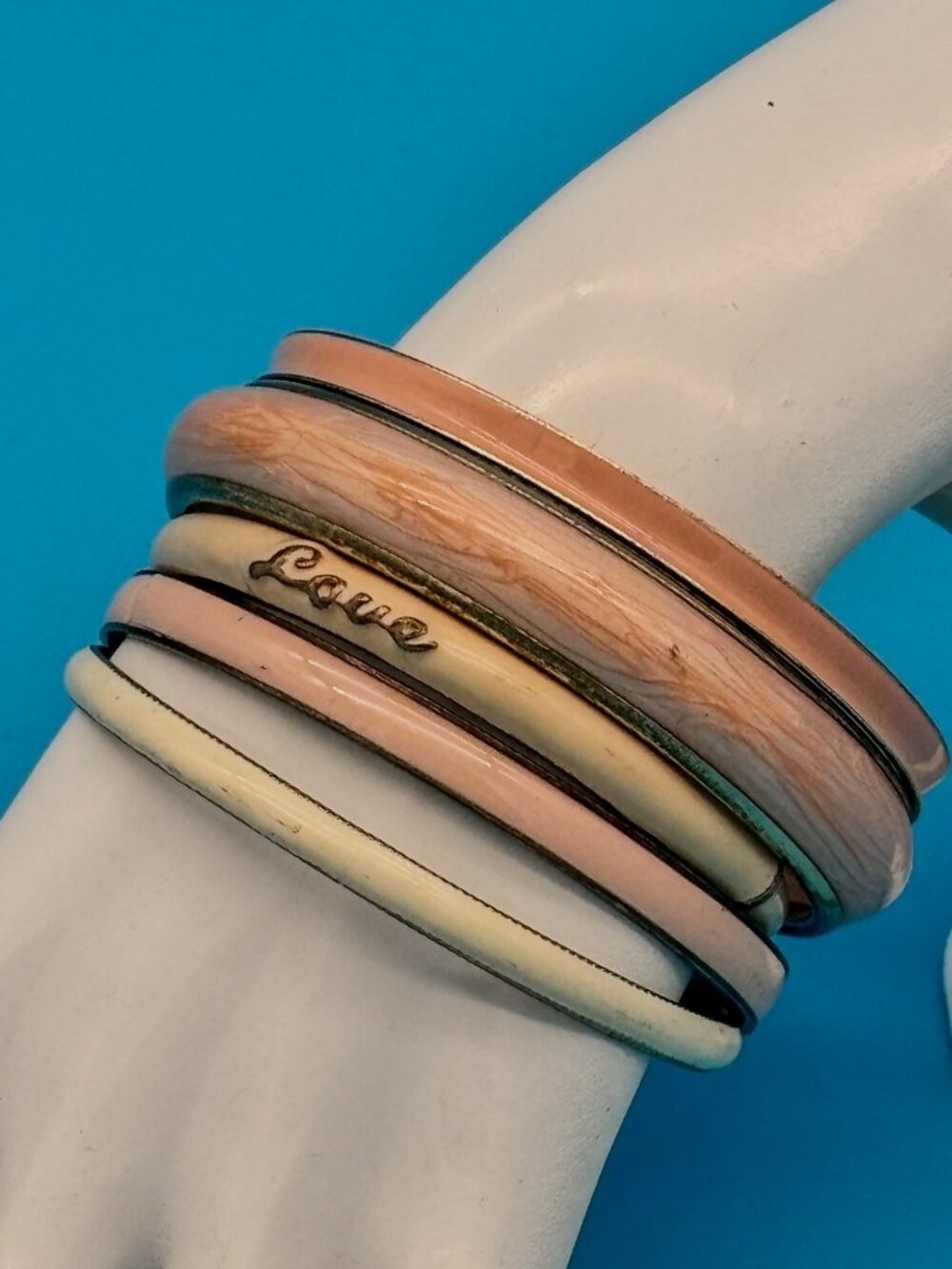 Vintage Blush Pink Cream Enamel Bracelet Stack 5 I Love You Heart 7.25-8.25in B6